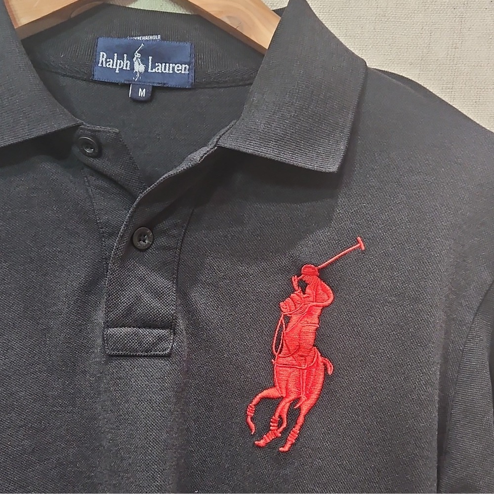 Ralph Lauren Big Pony Black Men's Polo Shirt M Solid Long Sleeve Button Collar